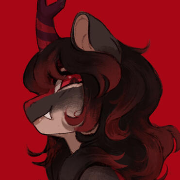 Alli's OC: black-and-crimson hair, a dark grey face and a red horn, on a flat crimson background — art by Alliana Ollisari